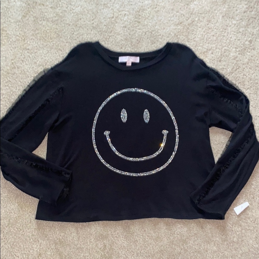 Moa Moa Girls Ruffle Lace Sleeves With Rhinestone Happy Face Long Sleeve Shirt